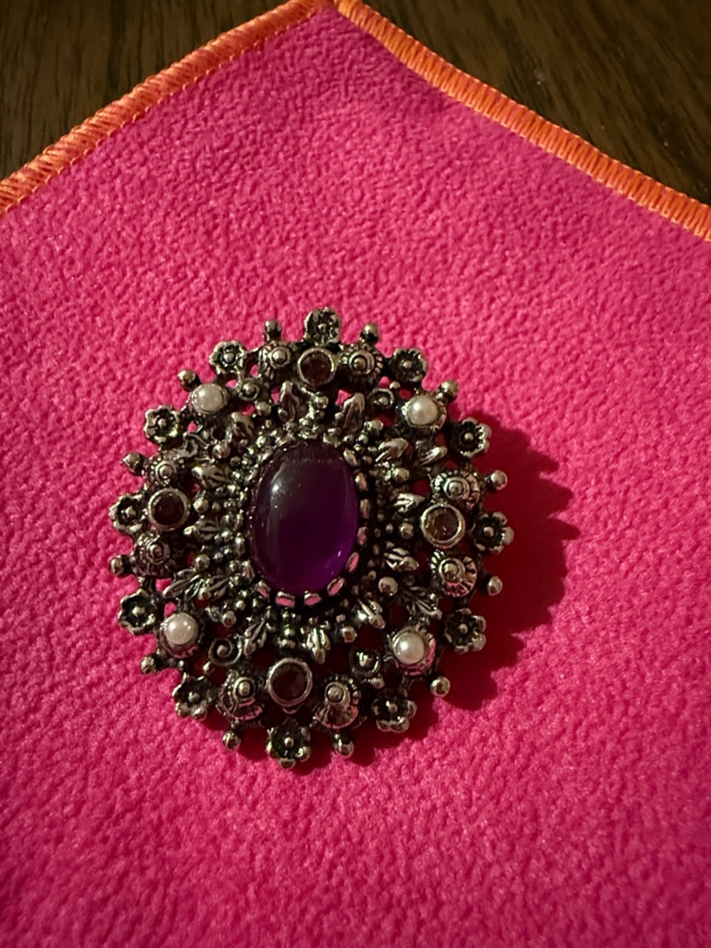 Sarah Coventry Silver-Tone Brooch with Purple Cabochon and Pearlescent Accents-